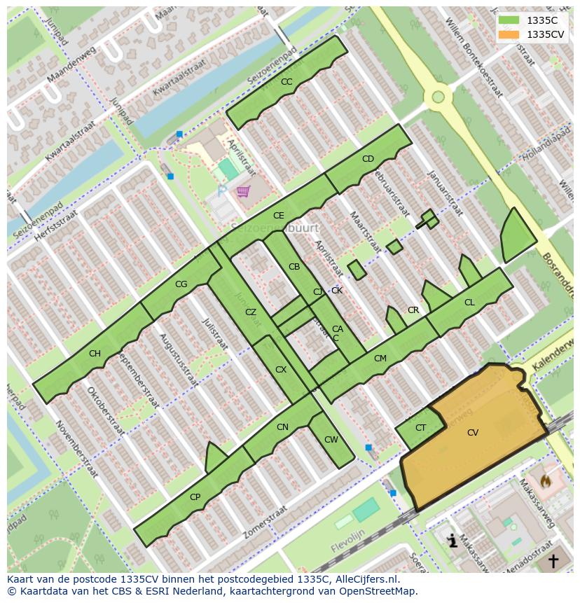 Afbeelding van het postcodegebied 1335 CV op de kaart.