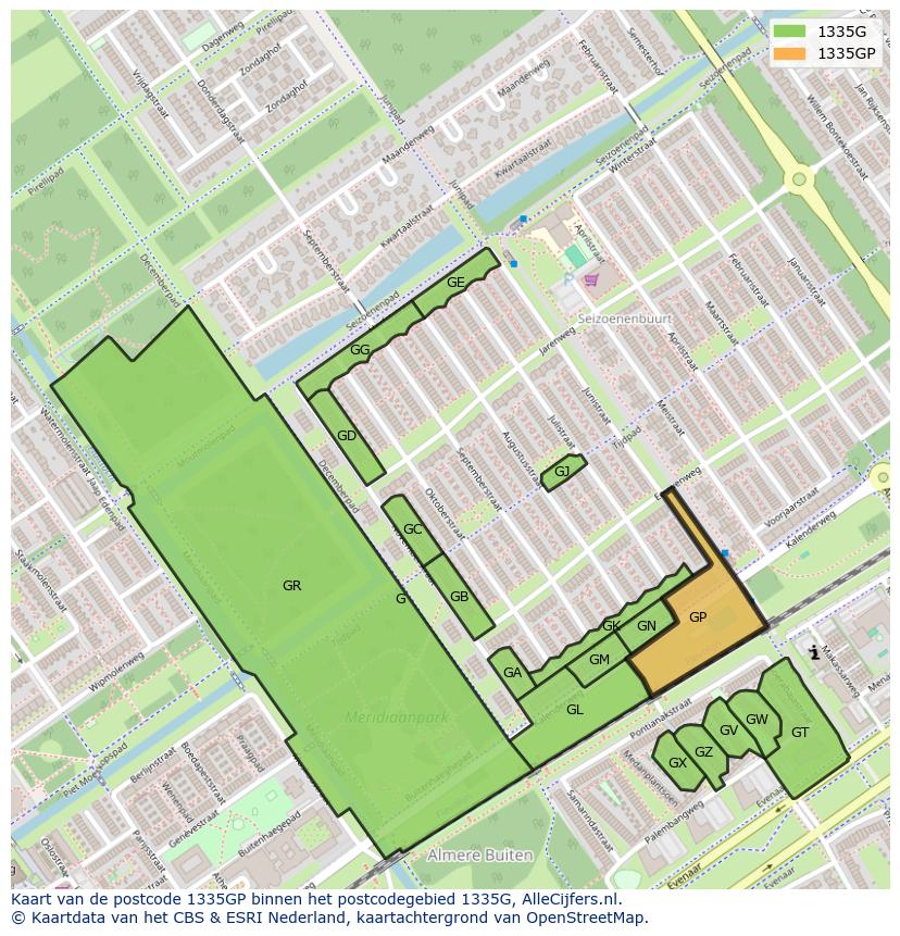Afbeelding van het postcodegebied 1335 GP op de kaart.