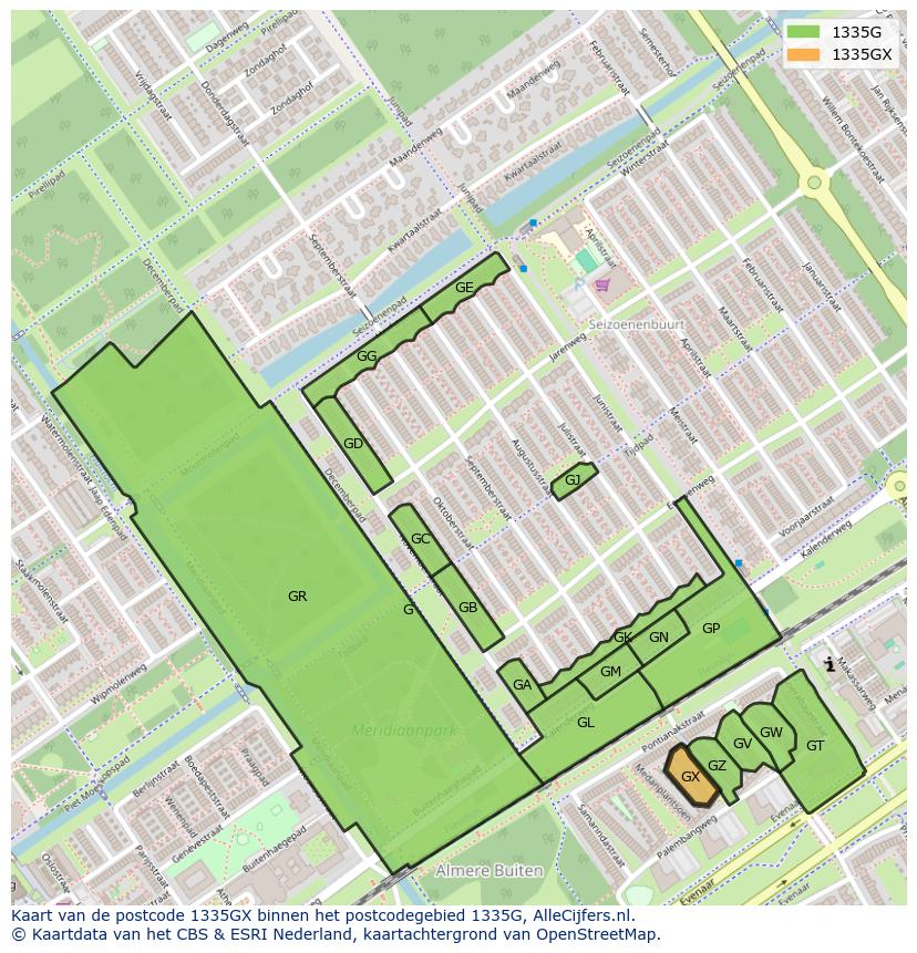 Afbeelding van het postcodegebied 1335 GX op de kaart.