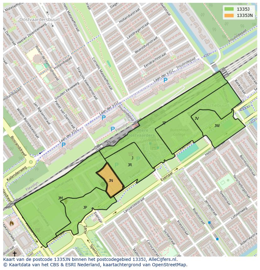 Afbeelding van het postcodegebied 1335 JN op de kaart.