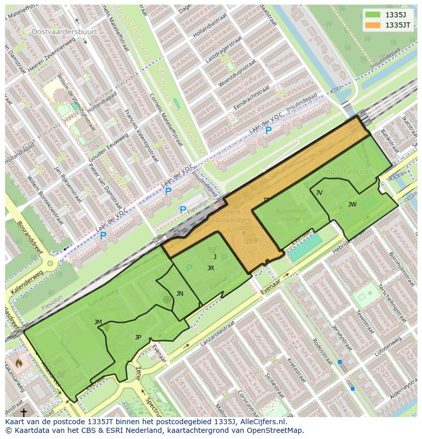 Afbeelding van het postcodegebied 1335 JT op de kaart.