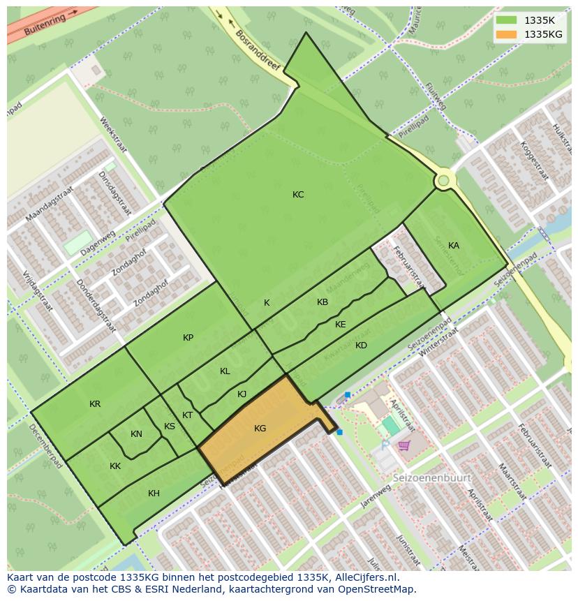 Afbeelding van het postcodegebied 1335 KG op de kaart.