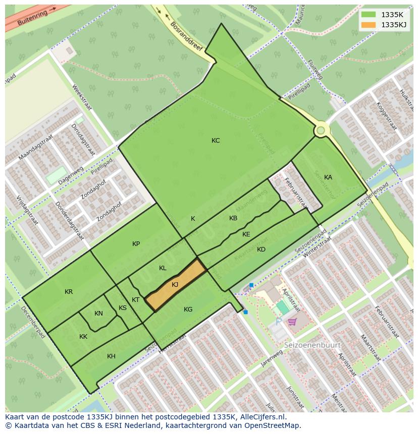 Afbeelding van het postcodegebied 1335 KJ op de kaart.