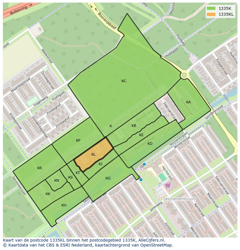Afbeelding van het postcodegebied 1335 KL op de kaart.