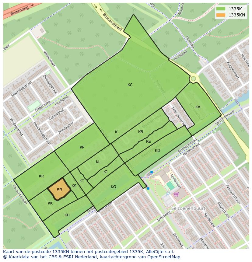 Afbeelding van het postcodegebied 1335 KN op de kaart.