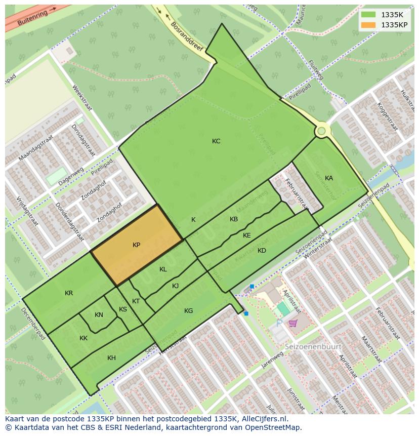 Afbeelding van het postcodegebied 1335 KP op de kaart.