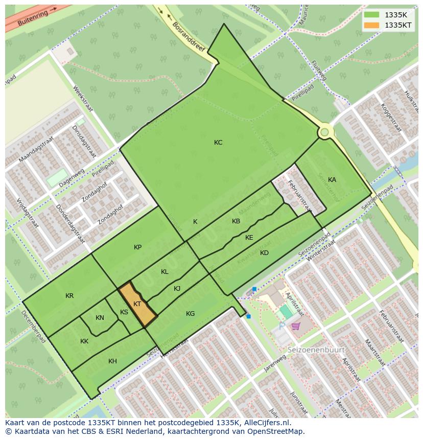 Afbeelding van het postcodegebied 1335 KT op de kaart.