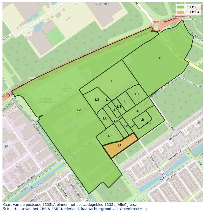 Afbeelding van het postcodegebied 1335 LA op de kaart.