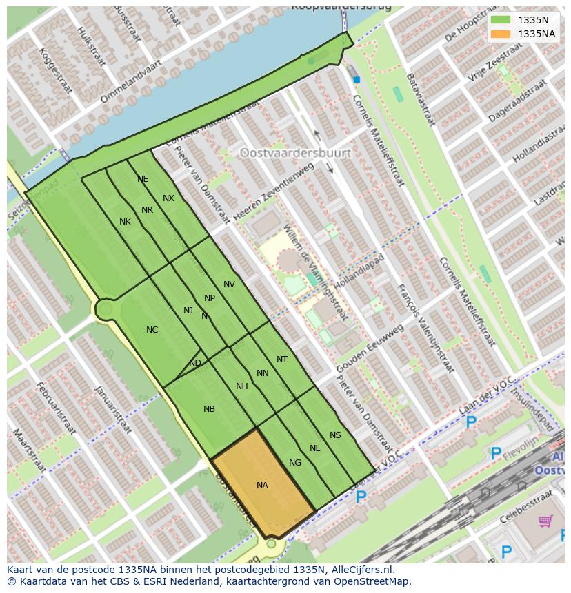 Afbeelding van het postcodegebied 1335 NA op de kaart.