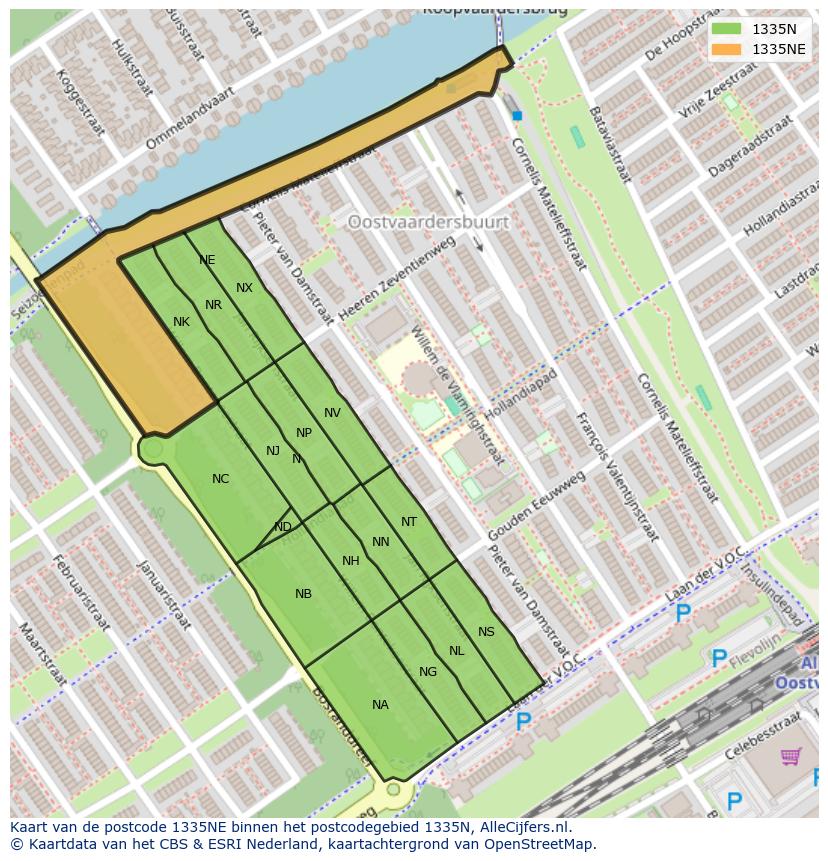 Afbeelding van het postcodegebied 1335 NE op de kaart.