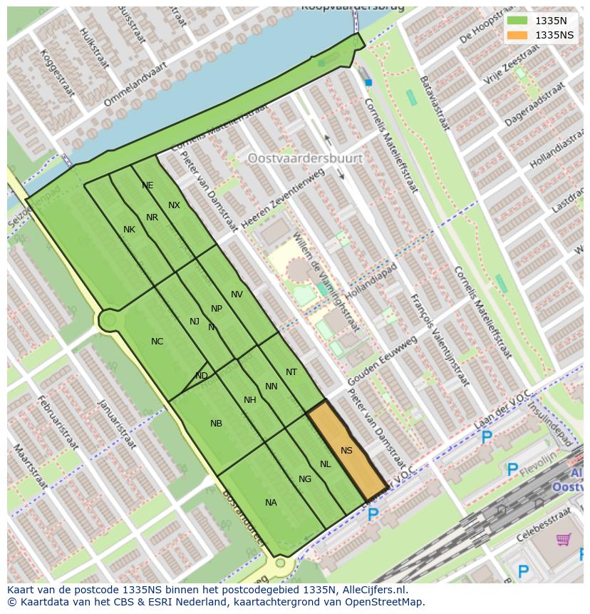 Afbeelding van het postcodegebied 1335 NS op de kaart.