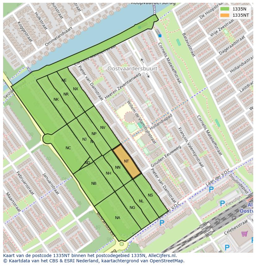 Afbeelding van het postcodegebied 1335 NT op de kaart.