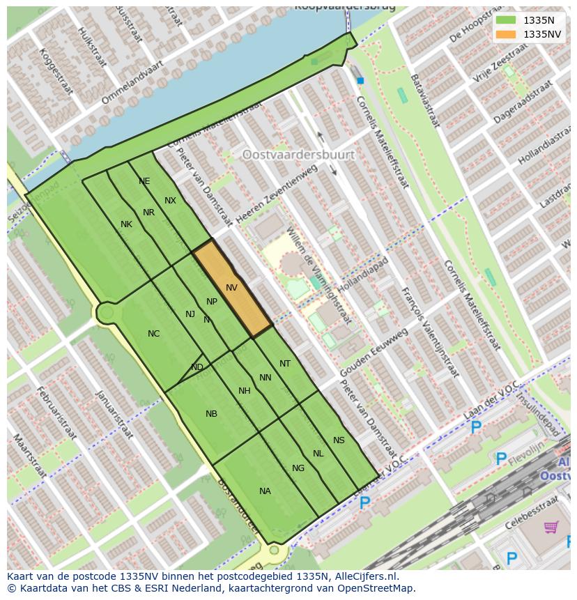 Afbeelding van het postcodegebied 1335 NV op de kaart.