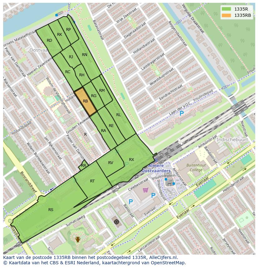 Afbeelding van het postcodegebied 1335 RB op de kaart.