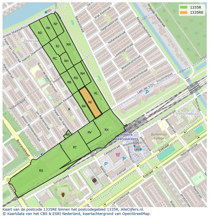 Afbeelding van het postcodegebied 1335 RE op de kaart.