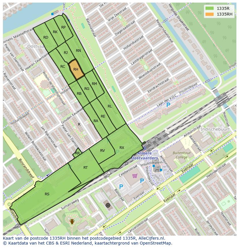 Afbeelding van het postcodegebied 1335 RH op de kaart.