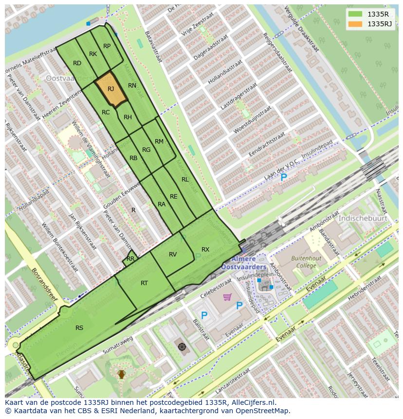 Afbeelding van het postcodegebied 1335 RJ op de kaart.
