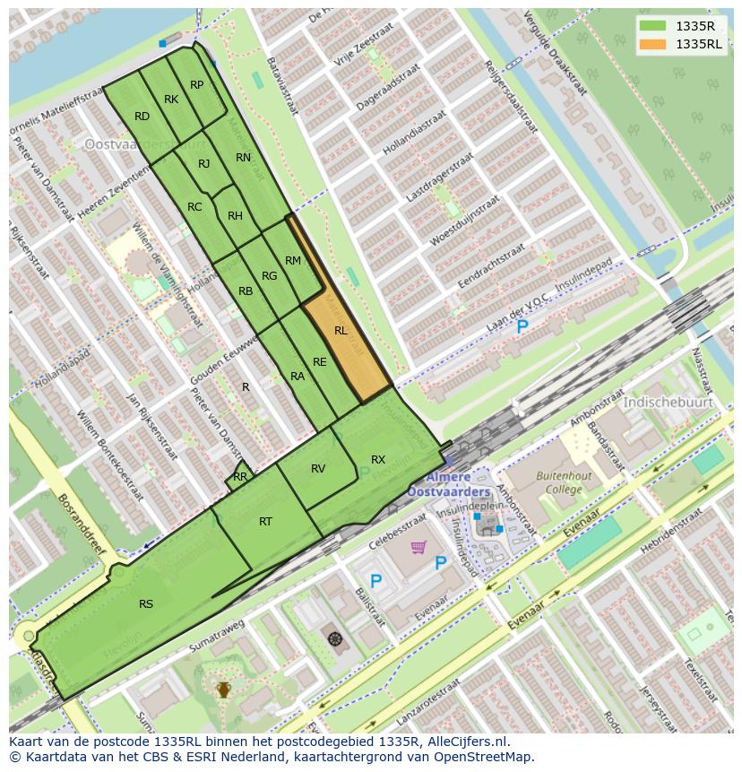 Afbeelding van het postcodegebied 1335 RL op de kaart.