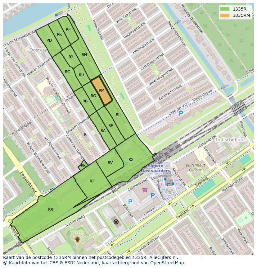 Afbeelding van het postcodegebied 1335 RM op de kaart.
