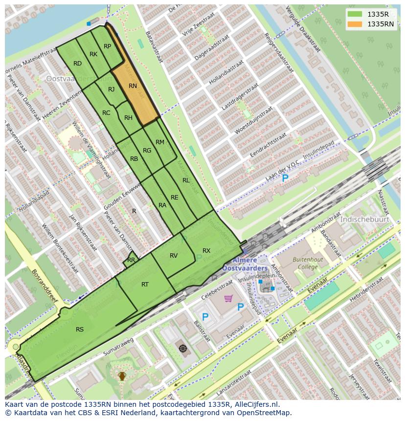 Afbeelding van het postcodegebied 1335 RN op de kaart.