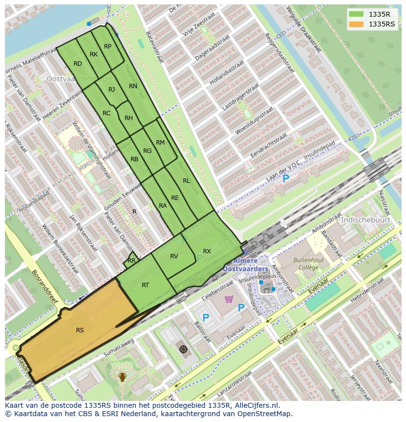 Afbeelding van het postcodegebied 1335 RS op de kaart.