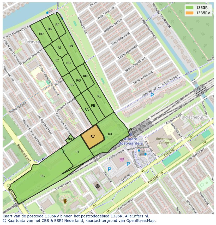 Afbeelding van het postcodegebied 1335 RV op de kaart.