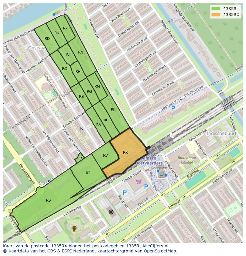 Afbeelding van het postcodegebied 1335 RX op de kaart.