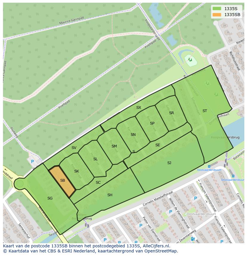 Afbeelding van het postcodegebied 1335 SB op de kaart.