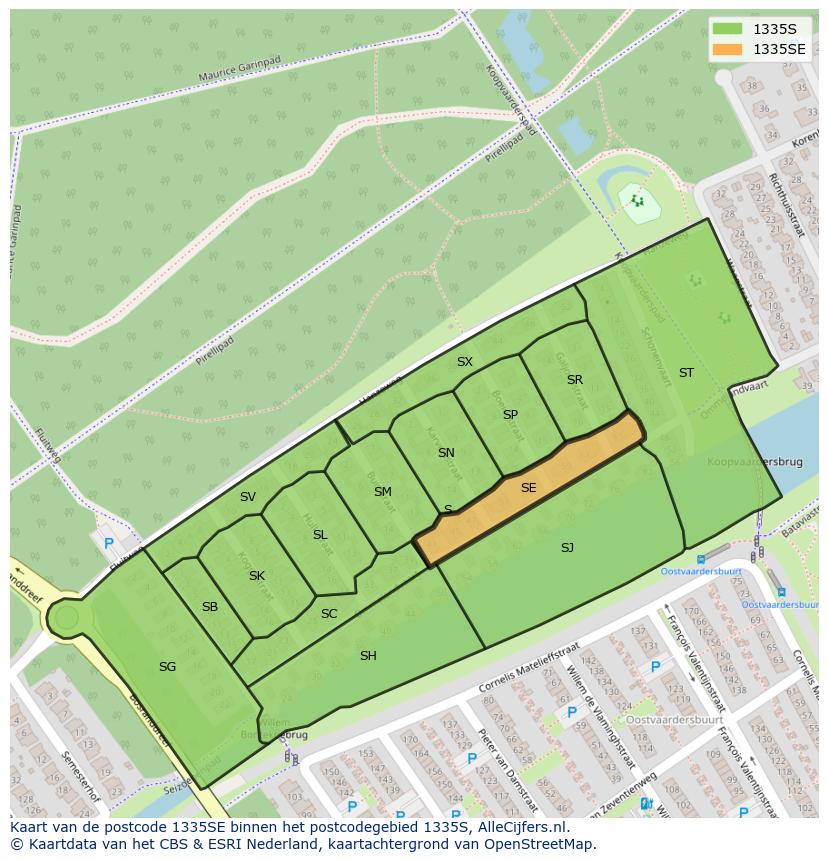 Afbeelding van het postcodegebied 1335 SE op de kaart.