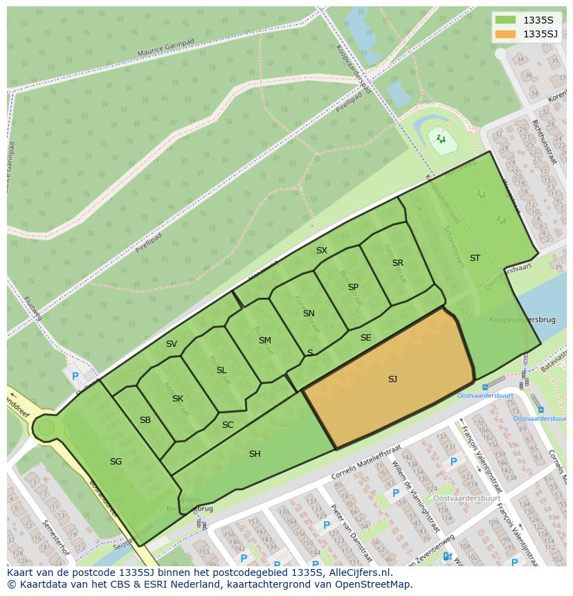 Afbeelding van het postcodegebied 1335 SJ op de kaart.