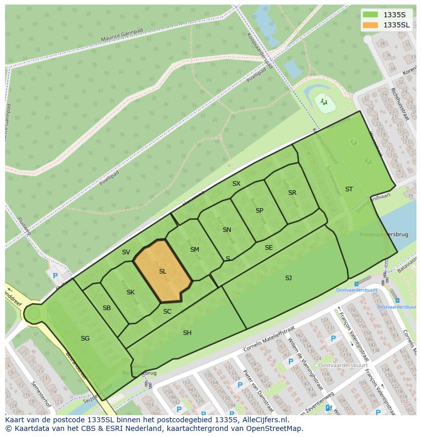 Afbeelding van het postcodegebied 1335 SL op de kaart.