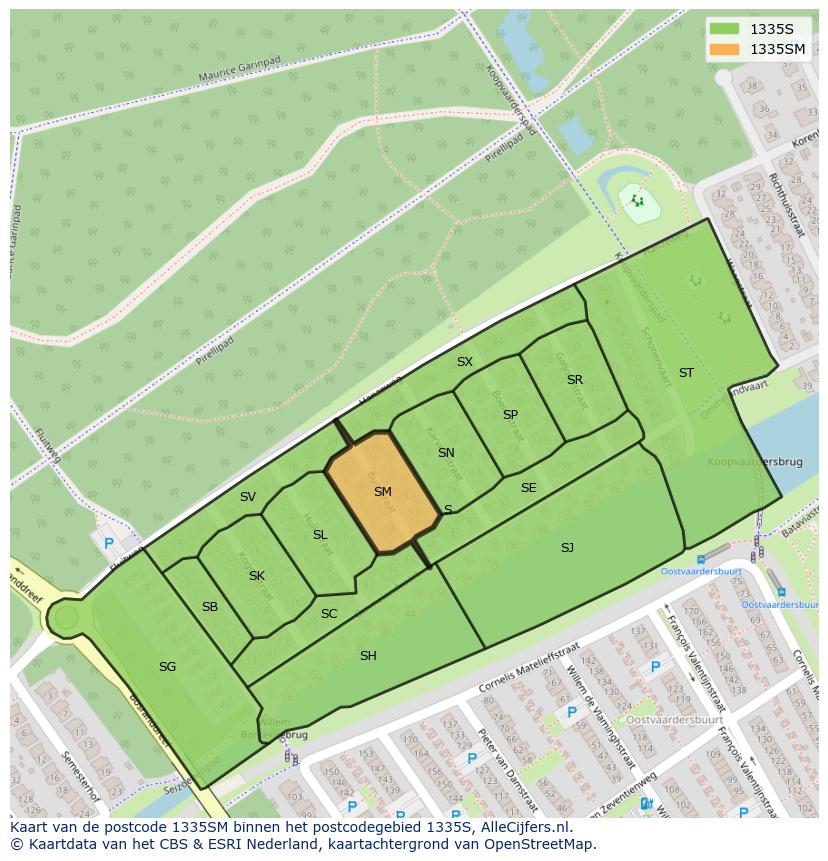 Afbeelding van het postcodegebied 1335 SM op de kaart.