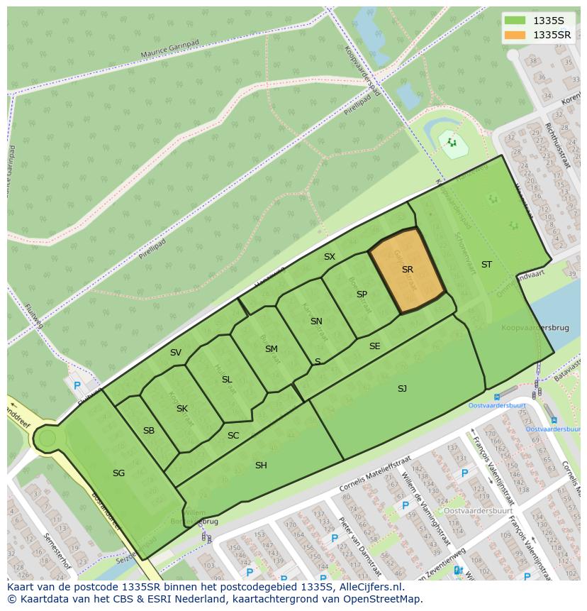 Afbeelding van het postcodegebied 1335 SR op de kaart.