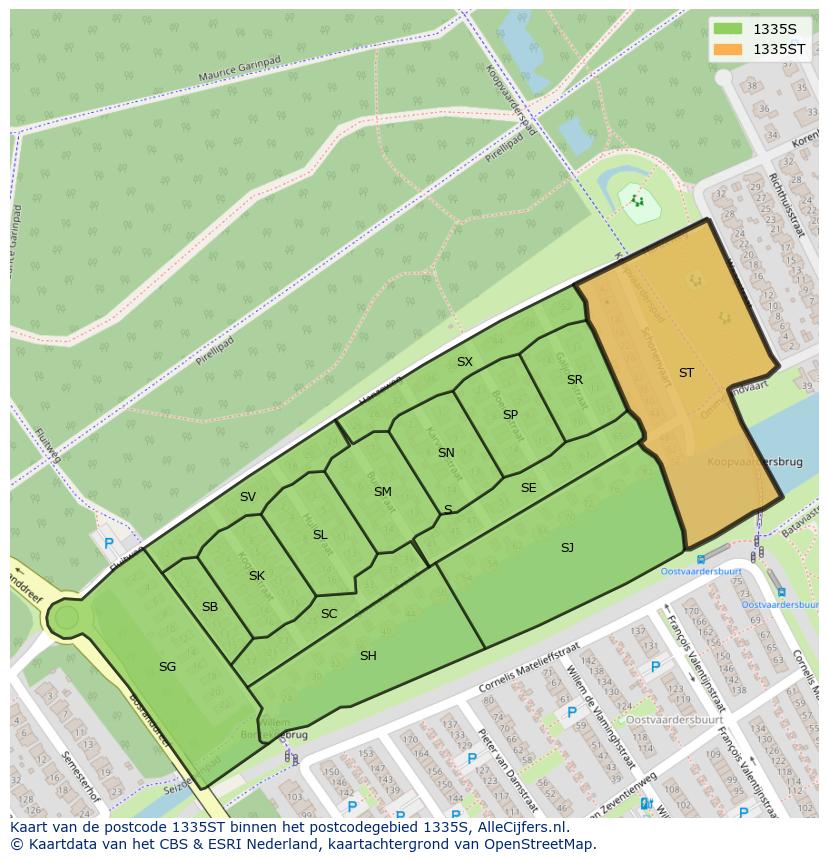 Afbeelding van het postcodegebied 1335 ST op de kaart.