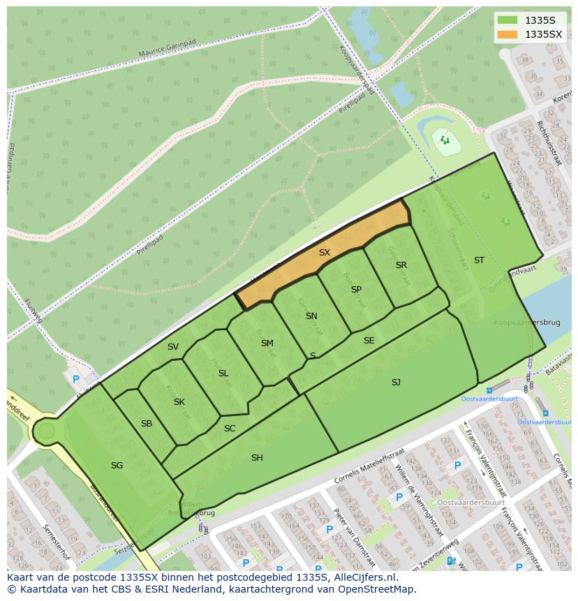 Afbeelding van het postcodegebied 1335 SX op de kaart.