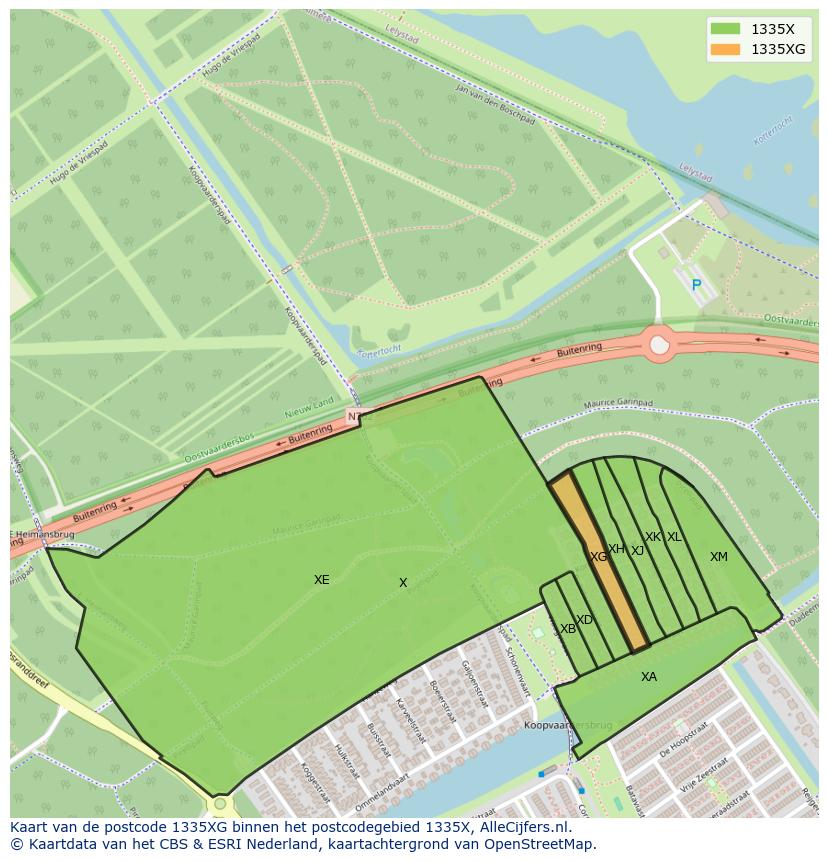 Afbeelding van het postcodegebied 1335 XG op de kaart.