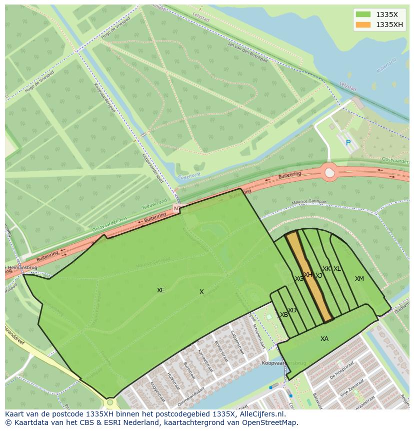 Afbeelding van het postcodegebied 1335 XH op de kaart.