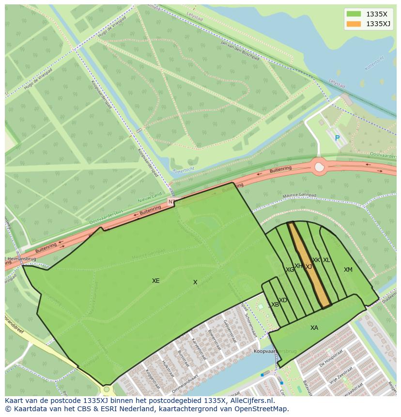 Afbeelding van het postcodegebied 1335 XJ op de kaart.