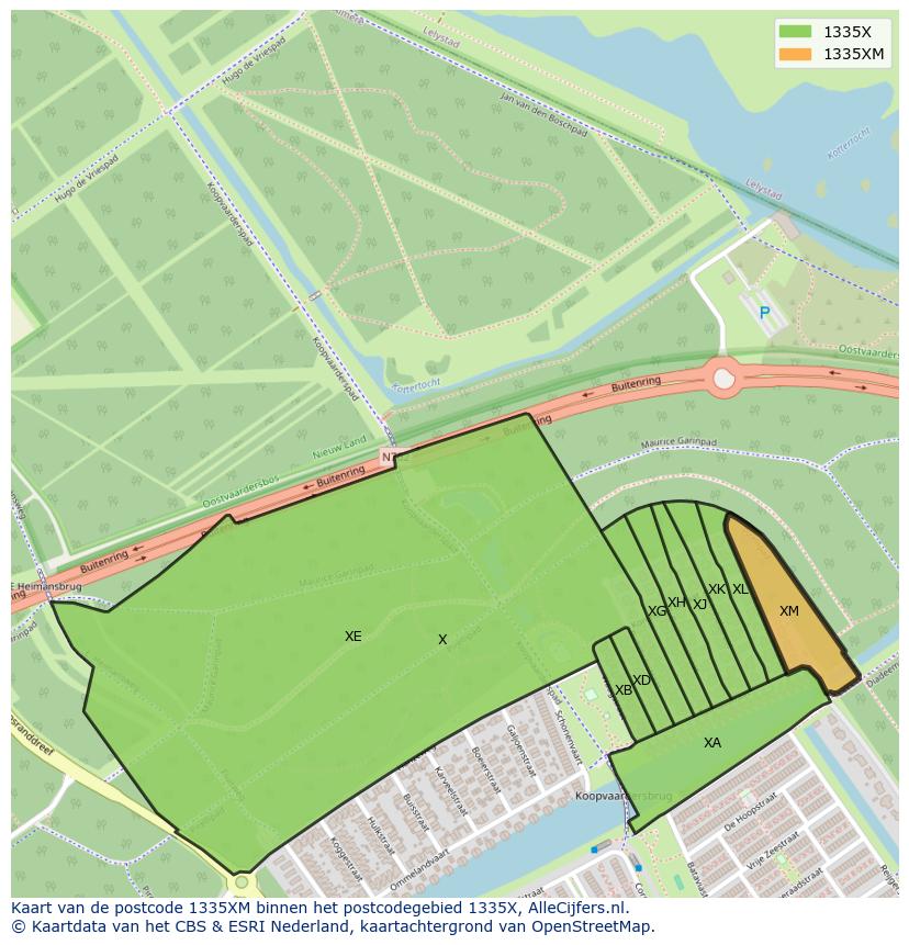 Afbeelding van het postcodegebied 1335 XM op de kaart.