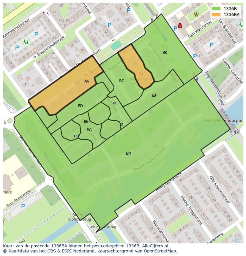 Afbeelding van het postcodegebied 1336 BA op de kaart.
