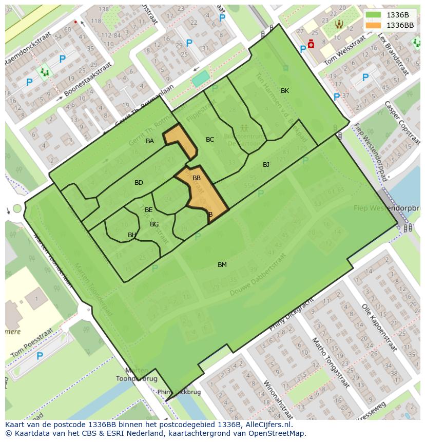Afbeelding van het postcodegebied 1336 BB op de kaart.