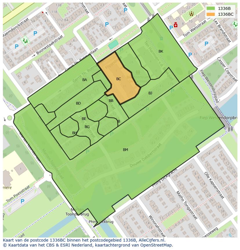 Afbeelding van het postcodegebied 1336 BC op de kaart.