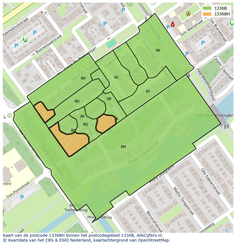 Afbeelding van het postcodegebied 1336 BH op de kaart.