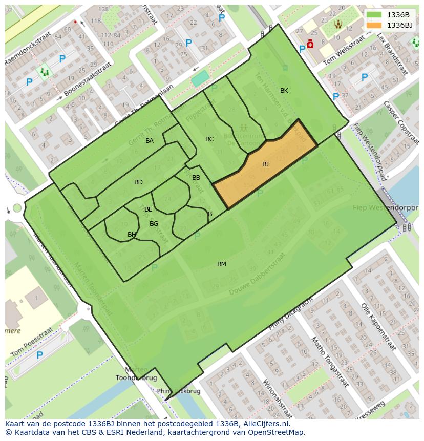 Afbeelding van het postcodegebied 1336 BJ op de kaart.