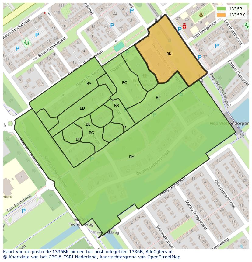 Afbeelding van het postcodegebied 1336 BK op de kaart.