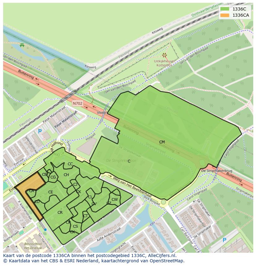 Afbeelding van het postcodegebied 1336 CA op de kaart.