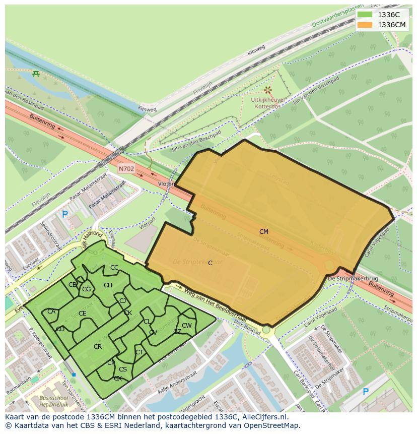 Afbeelding van het postcodegebied 1336 CM op de kaart.