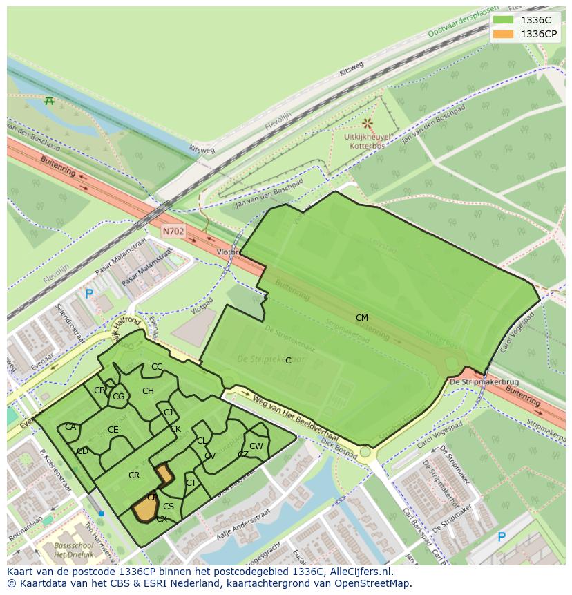 Afbeelding van het postcodegebied 1336 CP op de kaart.