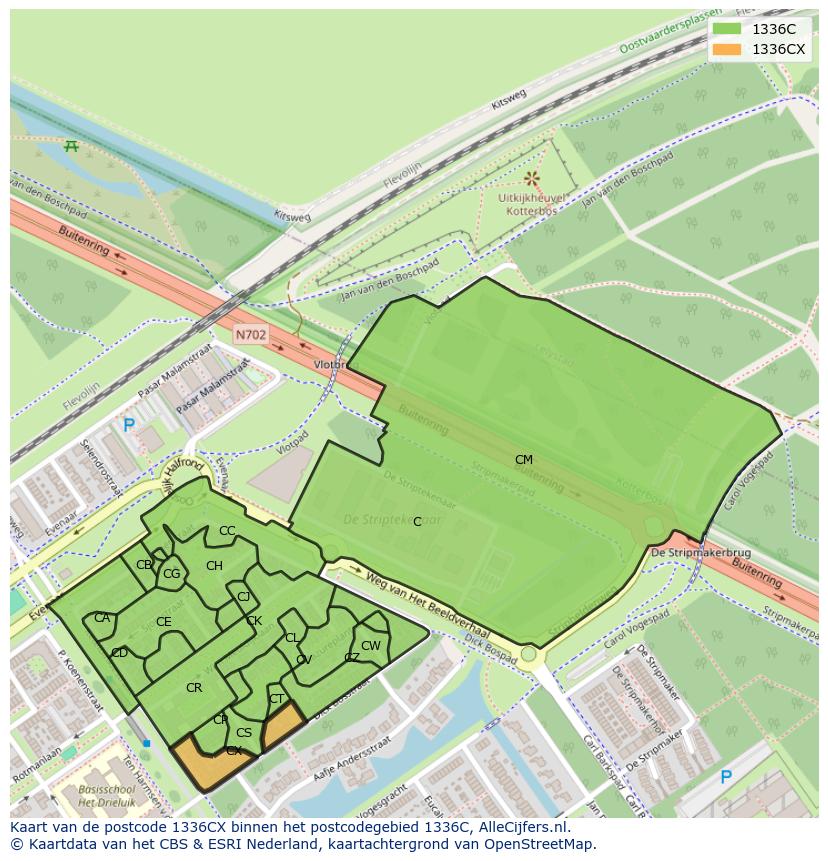 Afbeelding van het postcodegebied 1336 CX op de kaart.