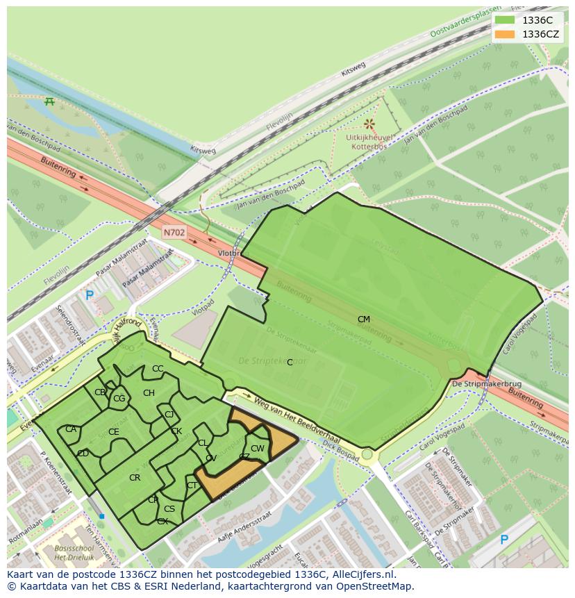 Afbeelding van het postcodegebied 1336 CZ op de kaart.